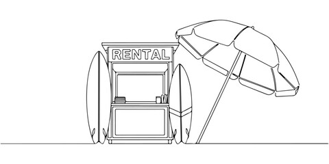 Fototapeta premium Continuous one line of a beach rental place, coastal lifestyle, drawn vector illustration.