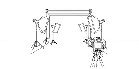Continuous one line of a photography studio, creative production, drawn vector illustration.