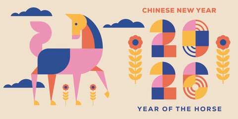 chinese new year 2026 year of the horse horizontal banner illustration