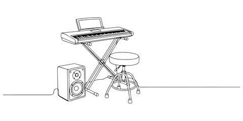 Continuous one line of a music studio with keyboard, bench, and speakers, drawn vector illustration. © Haus