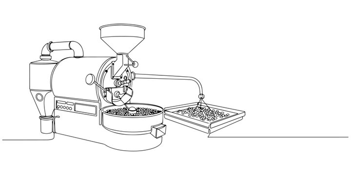 Continuous one line of a coffee roasting setup with drum roaster and cooling tray, drawn vector illustration.
