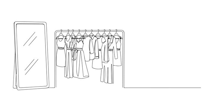 Continuous one line of a clothing boutique rack with hanging clothes and a mirror, fashion retail, drawn vector illustration.