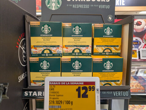 Canada, Quebec, 30 November 2025 : Starbucks coffee capsules for Nespresso displayed on sale at store