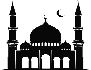 Black mosque silhouette vector illustration with tall minarets and crescent moon for islamic religious holidays ramadan kareem eid mubarak and arabic cultural architecture design