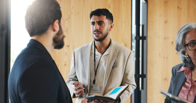 Seminar, journalist and talking with businessman, interview and conversation for company performance. Press conference, discussion and reporter with notes for story, people and meeting for questions