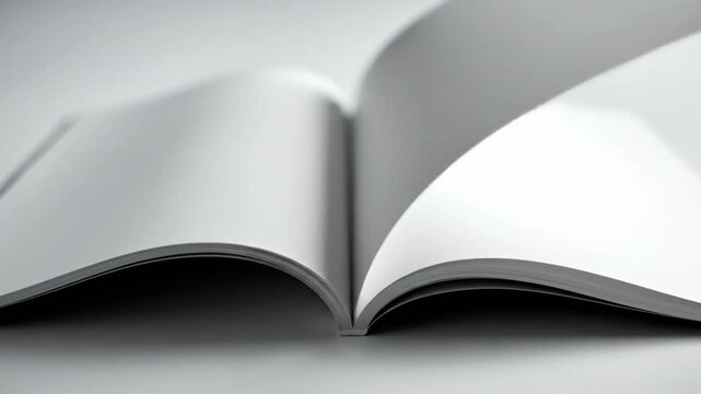 Blank pages of an open magazine on a white surface.