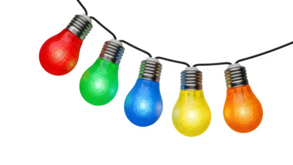 Colorful string of light bulbs isolated on transparent background