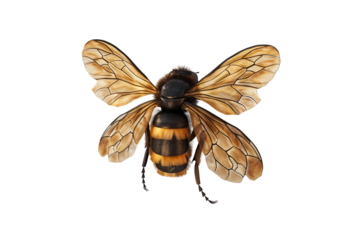 Bee-like hoverfly with veined wings and a striped abdomen, isolated on transparent background