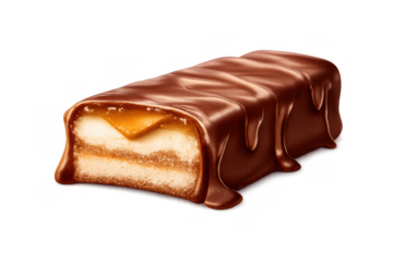 Chocolate bar with flowing sauce, caramel and nougat filling, sweet dessert snack illustration on transparent background