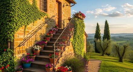 Picturesque Tuscan Villa Entrance with Staircase and Lush Greenery.