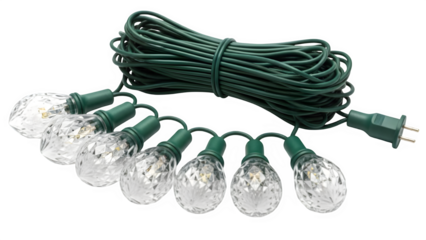 Green cord with 7 clear christmas lights isolated on transparent background