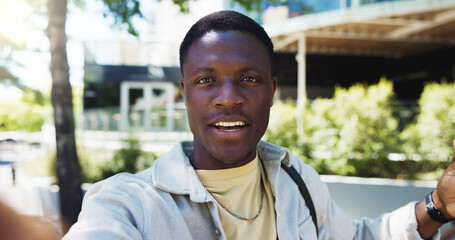 Video call, portrait and student or black man in city for live streaming, campus tour and social media. College influencer, content creator and communication with person outdoor for connection POV