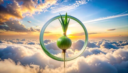 "Floating green onion inside translucent ring above sunrise clouds, surreal symbolic nature composition"