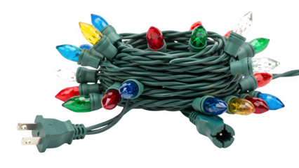 Coiled string of colorful christmas lights isolated on transparent background