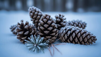Close up shot of pine cones covered in frost on snow