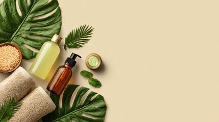 Pet Wellness Banner Showcasing Natural Textures and Holistic Care Services With Towels, Oils, and Herbal Products on a Light Background