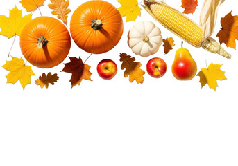 Vibrant orange, white pumpkins, dried corn, red apples, ripe pear, autumn maple & oak leaves on white, copy space, flat lay, concept of autumn harvest abundance