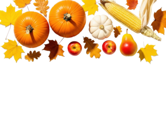 Vibrant orange, white pumpkins, dried corn, red apples, ripe pear, autumn maple & oak leaves on white, copy space, flat lay, concept of autumn harvest abundance