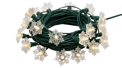 Coiled string of christmas snowflake lights isolated on transparent background