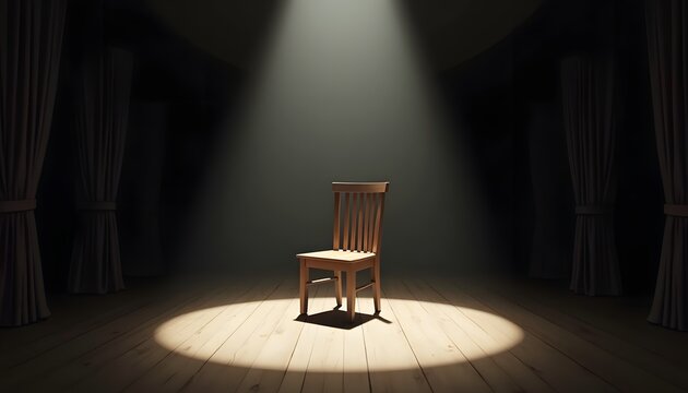 Empty Wooden Chair on Stage Spotlight, Theater Performance Spotlight, Dramatic Scene