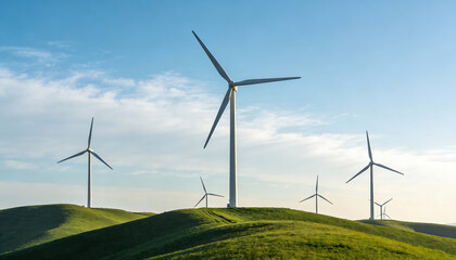 Fototapeta premium Conceptual wide angle landscape of white modern wind turbines on green rolling hills under a clear blue sky producing clean renewable energy for a sustainable green future