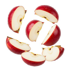 Multiple red apple slices, vibrant red skin and snow-white flesh, captured mid-air in dynamic fall against a stark white studio background, emphasizing natural freshness. Concept for healthy eating