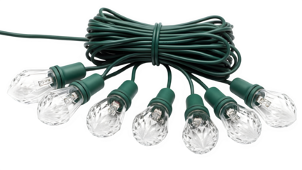 Coiled string of clear christmas lights isolated on transparent background