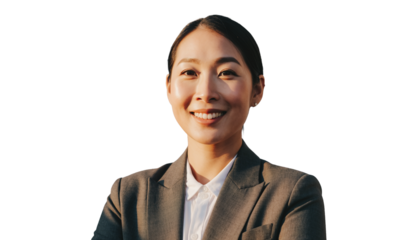 Portrait of smiling eastern middle age female on Isolated white background with empty space.