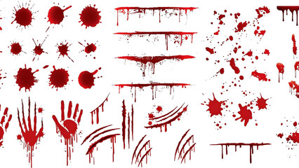 Collection of red blood splatters, handprints, drips, and stains. Suitable for horror, crime, medical, or artistic design projects. High-contrast, vivid red graphics on white background.