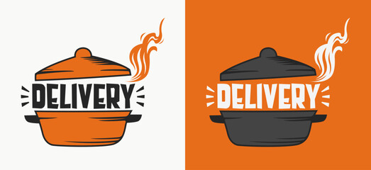 Delivery Pot Pan Hot food container deliver service Food business emblem advertising for media announcing vector design.