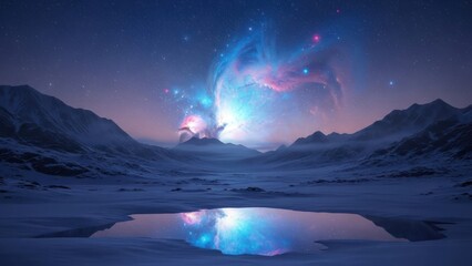 Cosmic aurora borealis reflecting in mountain lake