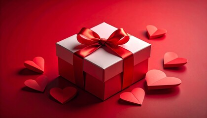 Square gift wrapped in red ribbon, surrounded by red paper hearts on a red surface creates a romantic ambiance and express love.