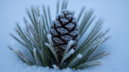 Close up shot of a frosted pine cone surrounded by needles