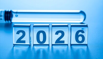 Depicting the year 2026 with a syringe in the backdrop, set against a cool blue background, signifying health or medical-related concepts.