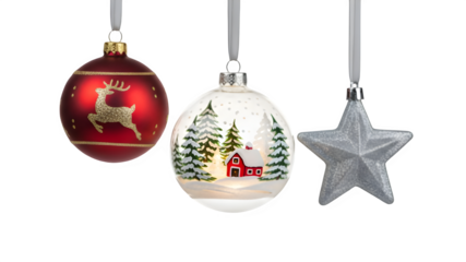 Three christmas ornaments isolated on transparent background