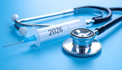 Close-up of a syringe with '2026' printed on it, alongside a stethoscope on a blue surface, symbolizing future healthcare innovations.