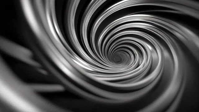 Chrome spiral tunnel with smooth metallic silver surface and abstract swirl, dynamic hypnotic effect in monochrome chrome and black tones