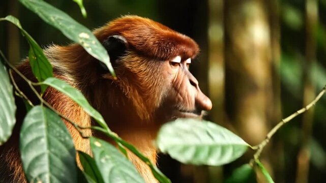 Proboscis Monkey in the Jungle Hidden by Green Leaves Wildlife.