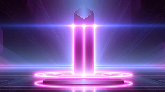 Neon glowing totem with purple light beams and circular rings futuristic digital space featuring chrome abstract energy tower and modern sci fi