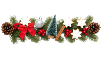 Christmas decoration with tree stars and berries isolated on transparent background