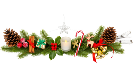 Christmas garland isolated on transparent background with festive decorations