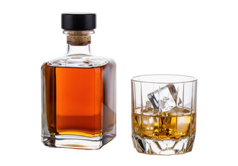 Elegant clear glass whiskey bottle and faceted tumbler with golden-brown liquor and square ice cubes on a transparent studio background with copy space, Concept for premium beverage advertising
