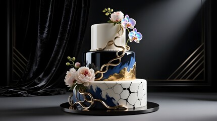 luxury modern wedding cake with gold accents and floral design for premium events and professional branding