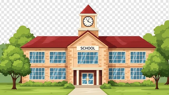 School Building with Red Roof and Clock Tower