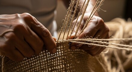 Detailed close-up of crafting jute fibers with expert hands in artisanal work