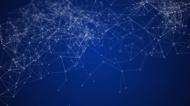 A dense, white, interconnected web of lines and nodes forms a complex structure against a rich, deep blue backdrop, symbolizing global connectivity, scientific discovery, and digital information flow