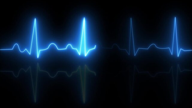 Glowing Blue E C G Heartbeat Lines on Dark Background with Reflections neon