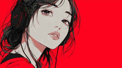 ヘッドフォンで音楽を聞く女性をYouTube動画サムネイル用にアニメスタイルで描いたAI生成画