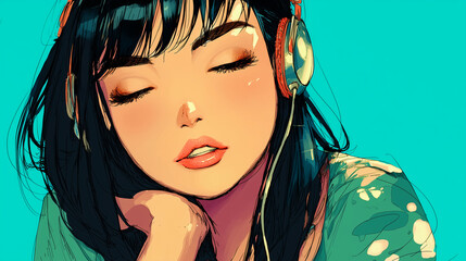 ヘッドフォンで音楽を聞く女性をYouTube動画サムネイル用にアニメスタイルで描いたAI生成画