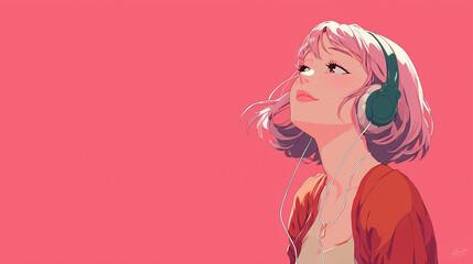 ヘッドフォンで音楽を聞く女性をYouTube動画サムネイル用にアニメスタイルで描いたAI生成画
